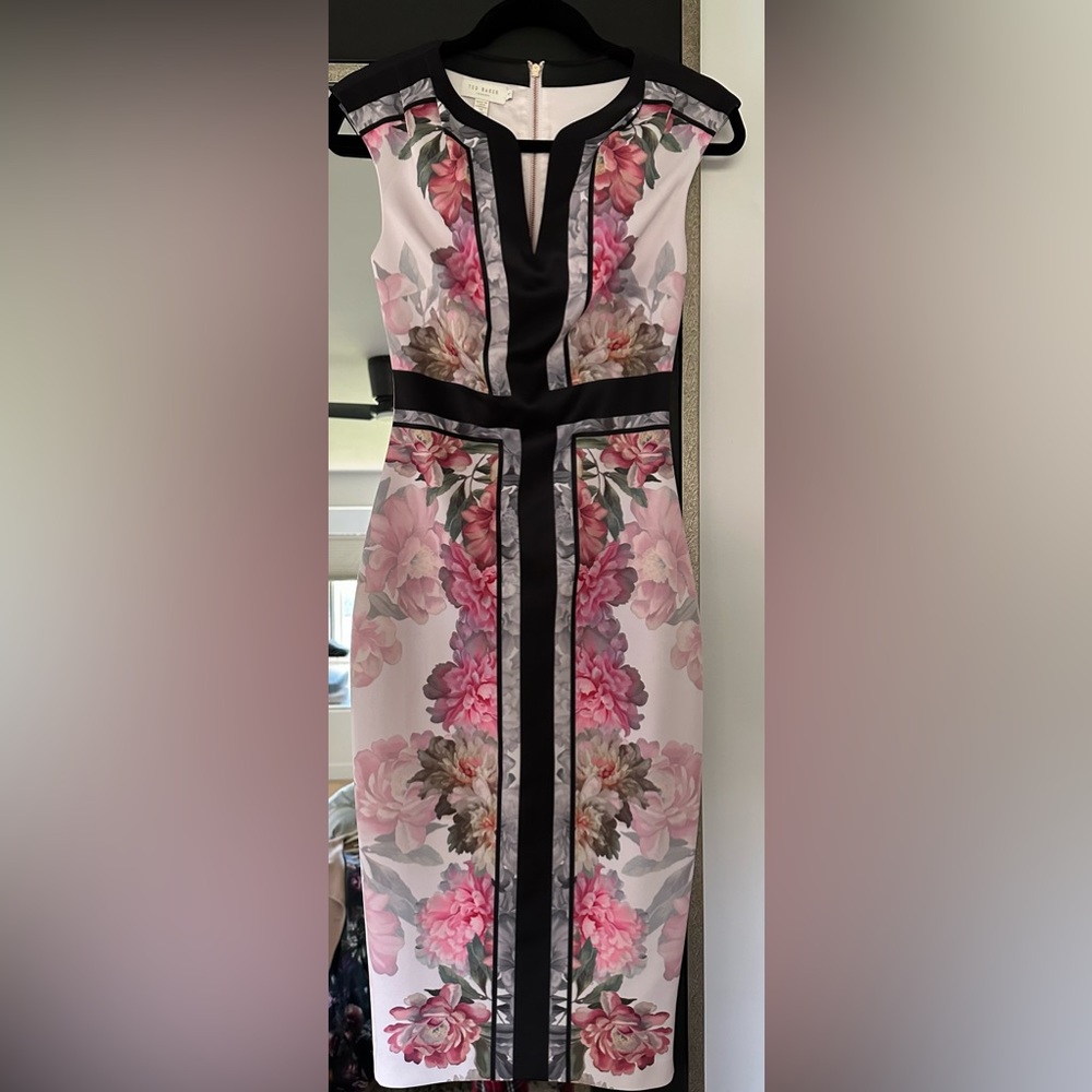 Ted Baker Pink and Black Sheath Dress with Plunge Neckline